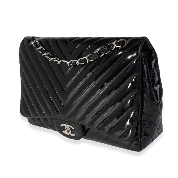 Chanel Black Chevron Quilted Patent Leather Jumbo Classic Single Flap Bag - Picture 2 of 8